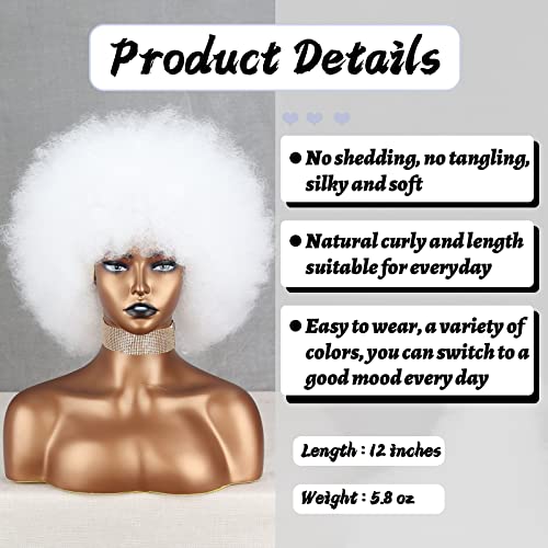 White Afro Wig for 70s Disco Costume - Short Bouncy Synthetic Style, Halloween & Party