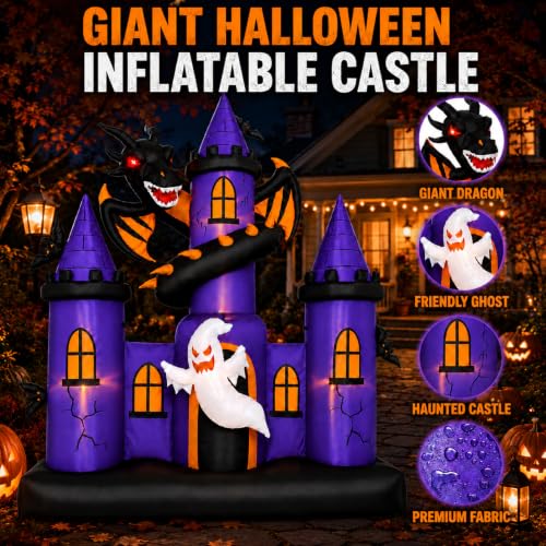 9 FT Inflatable Haunted Castle with Dragon Ghost LED Yard Decor