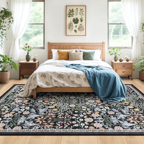 8x10 Floral Area Rug - Dark Black Washable Boho Carpet for Living Room