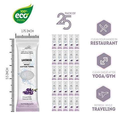 Lavender Scented Pre-Moistened Cotton Towels - Pack of 25, 8x8 Inches, Reusable Spa & Travel Towels