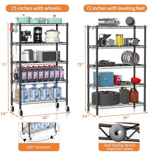Hodonas 5-Tier Heavy Duty Wire Shelving 1900 lbs with Rolling Wheels, 36W x 14D x 75H