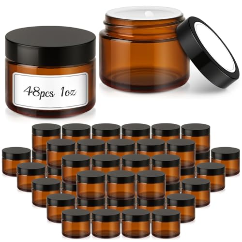 48 Pack Amber Glass Jars 1oz with Black Lids, Labels & Liners - Bumobum