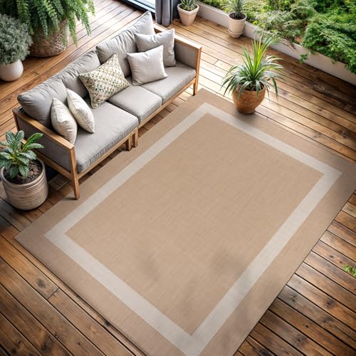 CAMILSON 5' x 7' Beige/White Border Outdoor Rug - Waterproof, UV-Resistant Indoor/Outdoor Patio & Porch Carpet