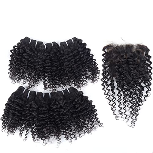 Iwig 8" Short Wavy Kinky Curly Human Hair Bundles with 4x4 Closure - Brazilian Virgin Human Hair Extensions, Natural Color, 6 Bundles + Closure