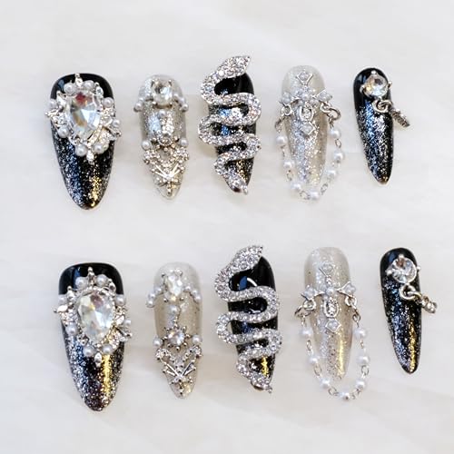 Luxury Long Almond Press-On Nails, Black and Silver Glitter with 3D Rhinestones and Pearl Accents, Handmade False Nail 10 Pieces (Small, LS)