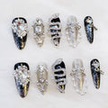 Luxury Long Almond Press-On Nails, Black and Silver Glitter with 3D Rhinestones and Pearl Accents, Handmade False Nail 10 Pieces (Small, LS)