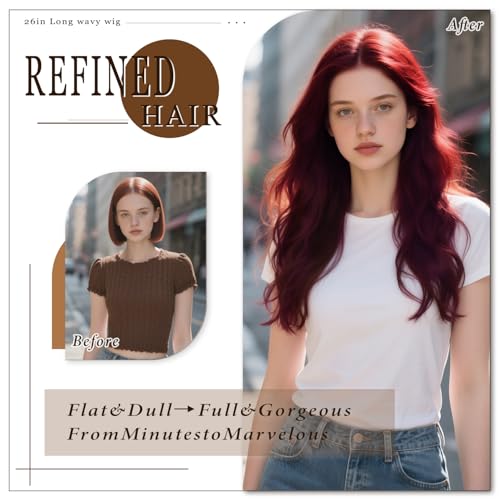 Refined Hair Long Burgundy Wavy Wig 26in for Women - Middle Part, Heat-Resistant Synthetic Fiber, Comfortable Fit