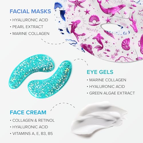 MAREE Skincare Essentials Bundle - Eye Gels, Facial Masks & Face Cream - Under Eye Gels for Puffy Eyes, Anti Aging Face Cream & Moisturizing Sheet Masks - Marine Collagen & Hyaluronic Acid, Retinol