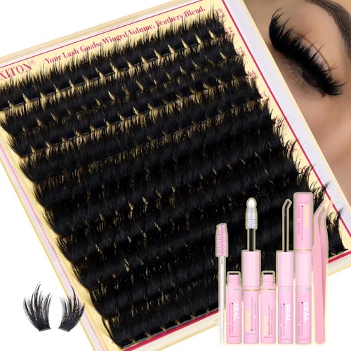 Volume Lash Clusters Kit with Spikes Lash Extension Kit 300D Lashes Cluster Eyelash Clusters 10-18mm Thick D Curl Lash Clusters 3D Fluffy Cluster Eyelash Extensions Lash Bond and Seal Tweezers Brush