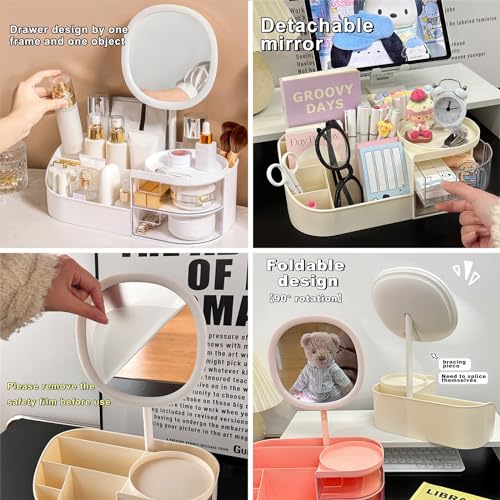 DASITON Makeup Organizer with Rechargeable LED Mirror, 2 Drawers, Large Capacity - White