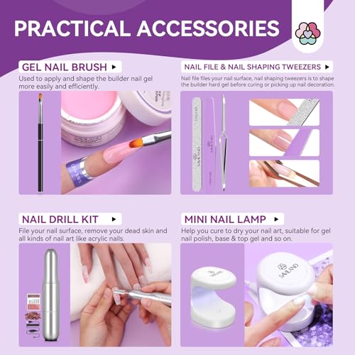 15 pcs Nail Builder Gel Kit with Drill & Lamp - Clear Pink Nudes Nail Extension