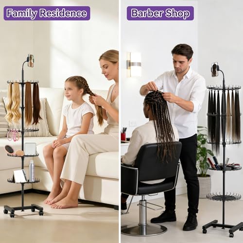 Braiding Hair Rack Standing, 140 Pegs Hair Extension Holder Stand on Wheels (61" Adjustable) with Phone Holder & 2 Mesh Trays, Metal H-Base Hair Stand for Salon, Home & Makeup Artists, Black