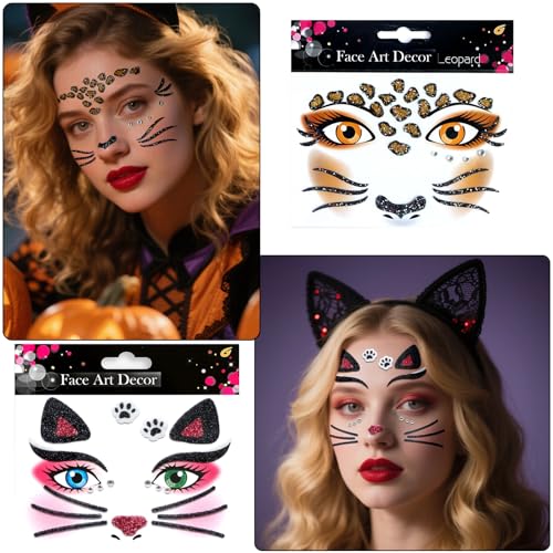 Halloween Face Tattoos Stickers - Leopard, Cat, Elk, Zebras Temporary Tattoo Sticker Halloween Face Gem Self-Adhesive Sticker for Festival Holiday Party Cosplay Decoration 4 Pcs