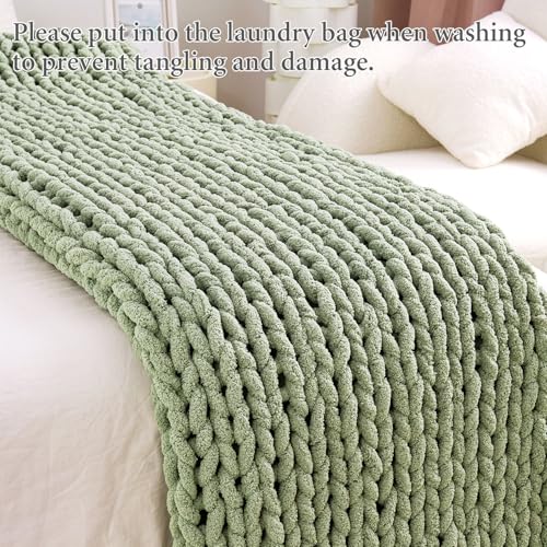 Sage Green Chunky Knit Blanket Throw 60x80 Inches - Cozy Couch Cover