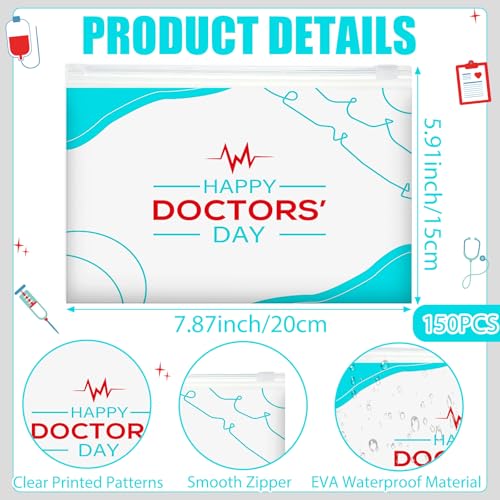 SilTriangle 150 Pcs Happy National Doctors Day EVA Gift Bags Bulk Red Blue White Thank You Cosmetic Bag Doctor Appreciation Week Party Favors for Doctor Nurse Medical Healthcare Workers