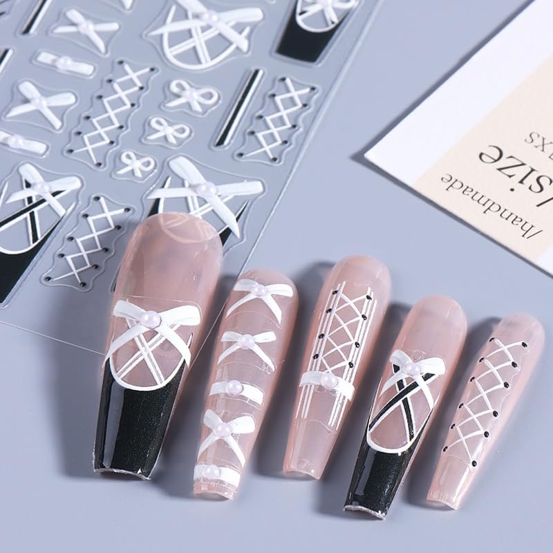 4Pcs Colorful Bow Lace Nail Art Stickers 5D Embossed Pearl Nail Decals Nail Stickers for Nail Art French Romantic Bow French Line Nail Design Nails Accessories Pearl Stripes Nails Supplies for Women