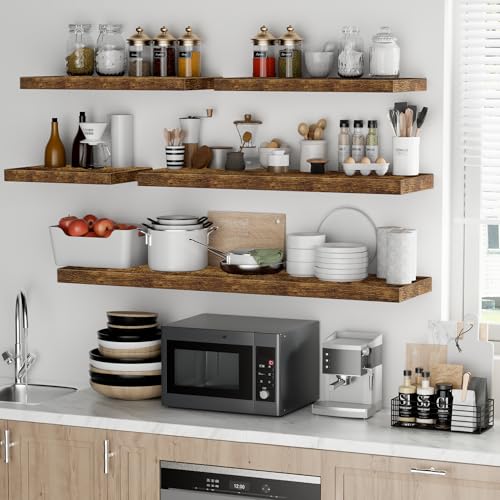 Rustic Brown Floating Shelves Set - 23.6 Inch Deep Wall Storage - Extra Thick & Deep for Living Room, Kitchen, Farmhouse Decor