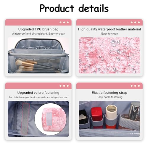 BOYATU Travel Makeup Bag for Women: Large Capacity Make up Bag with Compartments - Vegan Leather Cosmetic Bag set of 3 - Waterproof Toiletry Bag with Handle & Divider(E-4-Pink)