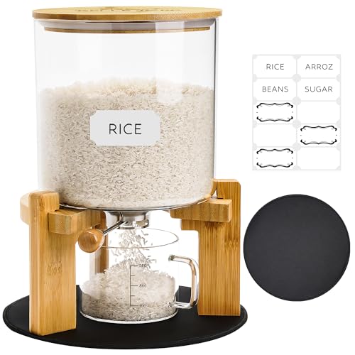 Glass and Bamboo Rice Dispenser 10 lbs with Airtight Seal & Labels