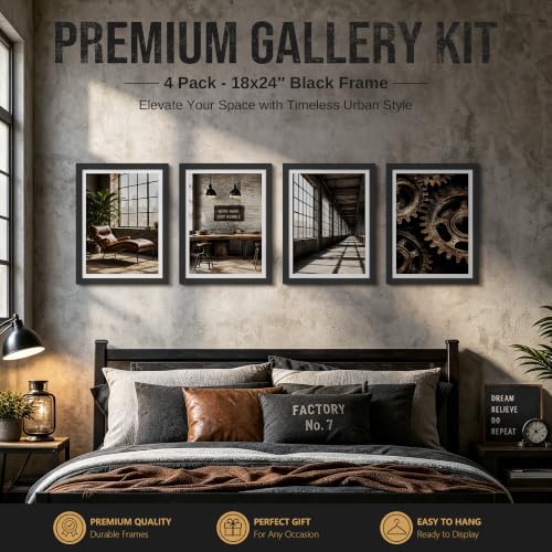 VCK 18x24 Black Picture Frames 4 Pack - Wide Thick Wood Borders, Easy Load Poster Frames