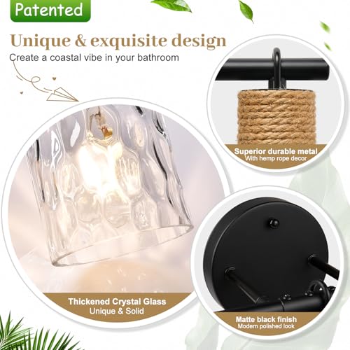 Matte Black 5-Light Coastal Vanity Light with Crystal Glass Shades – Farmhouse Bathroom Wall Fixture