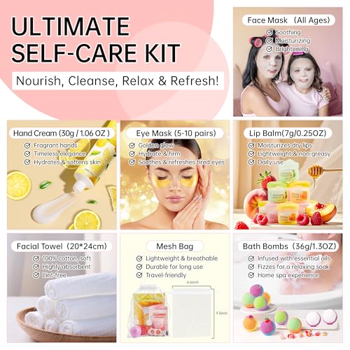 35 Pcs Spa Party Supplies for 5 ? Spa Gifts for Women, Girls & Kids | Spa Set with Eye & Face Masks, Lip Balm, Hand Cream, Bath Bombs, Towels & Gift Bags | Spa Kit for Birthdays, Sleepovers, Spa Days