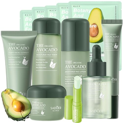 Avocado Skin Care Set - 12 Pieces Facial Cleanser, Serum, Mask & More for Women Men - Gift Ready