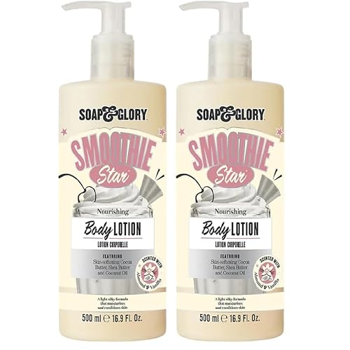 Soap & Glory Smoothie Star Moisturizing Body Lotion - Non-Greasy Vegan Body Moisturizer with Skin-Softening Cocoa Butter & Coconut Oil - Almond & Vanilla Scented Lotion (500ml) (Pack of 2)