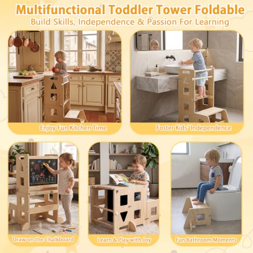 5-in-1 Toddler Standing Tower Kitchen Stool with Blackboard - Natural Wood Large