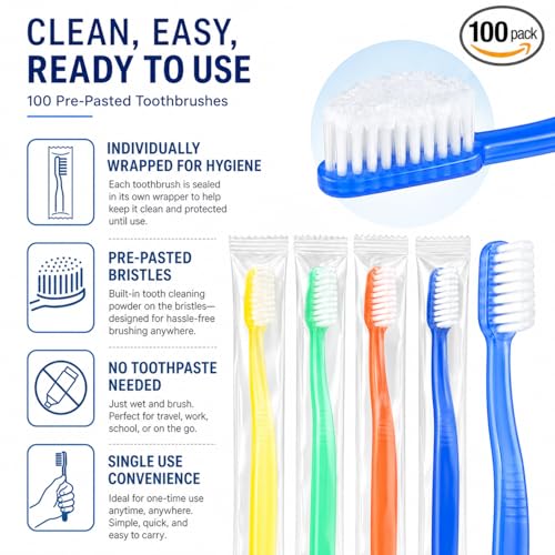 100 Pcs Prepasted Disposable Toothbrushes Bulk Individually Wrapped - Travel & Hotel Use