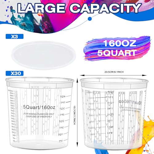 30 Pcs Paint Mixing Cups 5 Quart Graduated Buckets with 6 Lids - Bulk Art Supplies