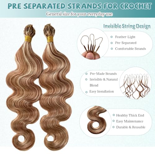 Munx Honey Blonde Crochet Human Hair Extensions 22 Inch Highlighted Body Wave with Spiral Curl, Pre-Separated, Lightweight, 27/30/613
