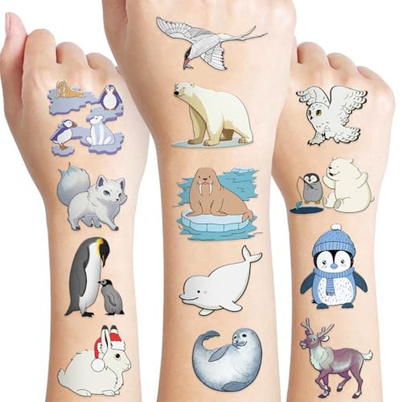 100 PCS Funny Polar Animal Temporary Birthday Blue Party Supplies Favors Seal Owl Cute Fake School Reward Themed Christmas