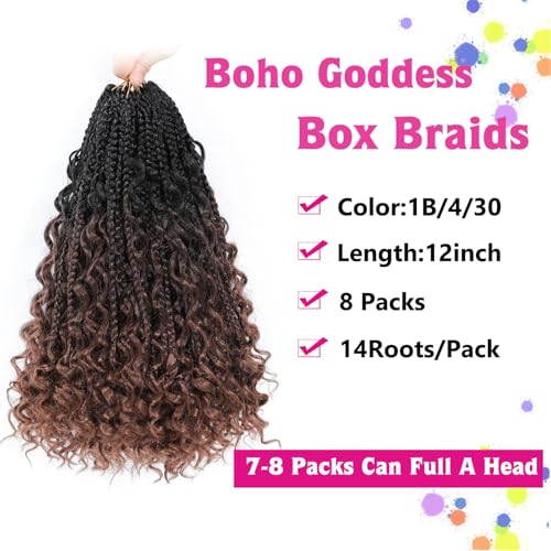 Wodun 12 Inch Goddess Box Braids Crochet Hair 8 Packs/1B/4/30 - Pre-Looped Synthetic Extensions for Black Women
