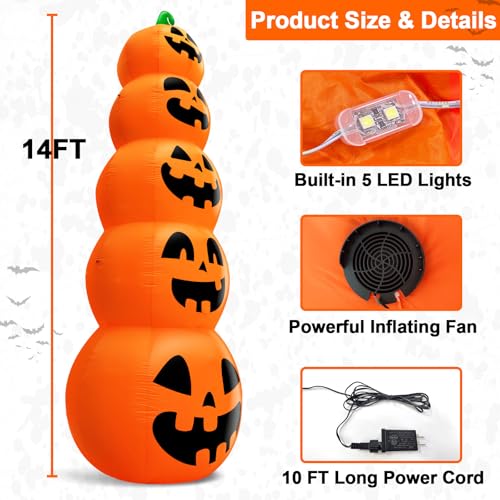 14 FT Inflatable Pumpkins Halloween Yard Decor - Stacked Pumpkin Tower with Lights