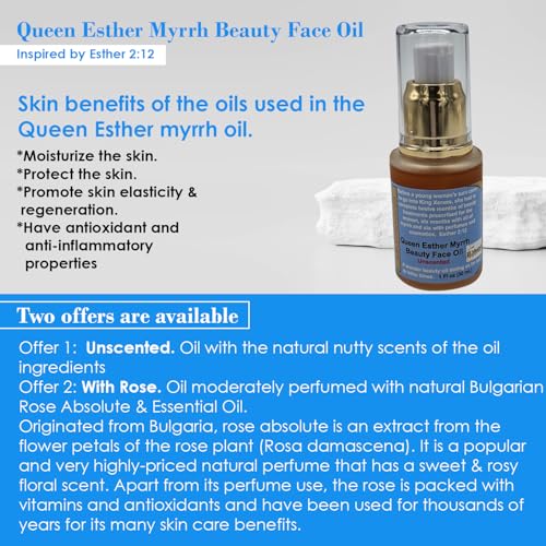 Queen Esther Myrrh Beauty Face Oil, Myrrh-Infused Skincare Essential Oils, Rosehip, Argan, Seabuckthorn, Pomegranate Seed Face Oil for Radiant Skin, 1.0 Fl Oz (Natural Nutty)