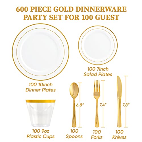 Disposable Dinnerware Set for 100 Guests - Gold Plastic Plates Cups Cutlery - Gold Dinnerware Set