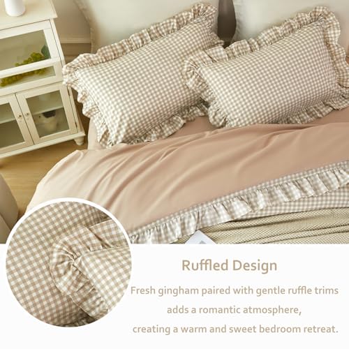 Full Tan Gingham Comforter Set 5 Pieces Vintage Ruffled Bedding