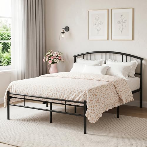 Black Queen Metal Bed Frame with Headboard & Footboard, 14 Inch Platform Support
