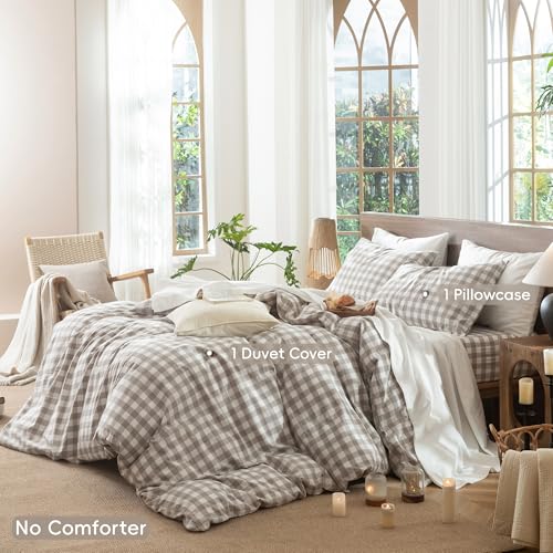 Gingham Duvet Cover Set Twin Size 100% Washed Cotton Linen Feel Farmhouse Bedding