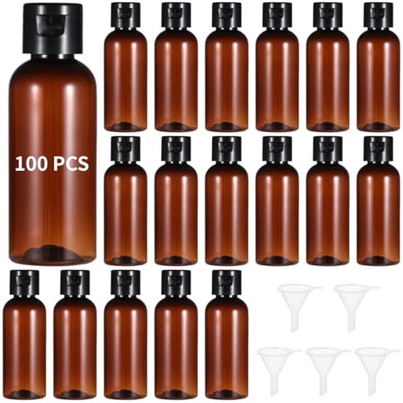 100 Pack 2 oz Plastic Empty Travel Bottles with Flip Cap 60ml Travel Size Containers Portable Leak Proof Clear Plastic Bottles Refillable Dispensing Bottles for Liquid Shampoo Lotion Brown