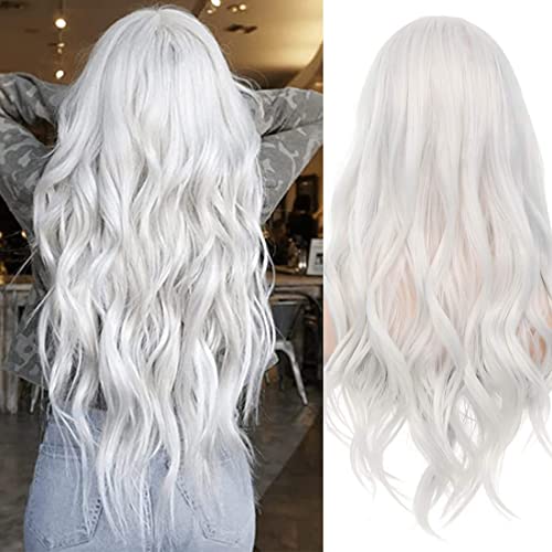 White Long Curly Wavy Costume Wig for Women Girls - Heat Resistant Synthetic, Middle Part, Halloween Cosplay