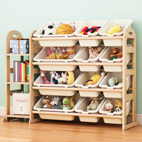 Kids Toy Storage Organizer with 12 Bins and Bookshelf - White, 42" Wide