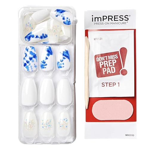KISS Impress No Glue Mani 30 Pcs Press on Nails, White Nails with Glitter, Blue Tie-Dye Design, Medium Size, Coffin Shape Simple Peel & Press Easy Apply, Hassle-Free Removal, Essential Tools Included