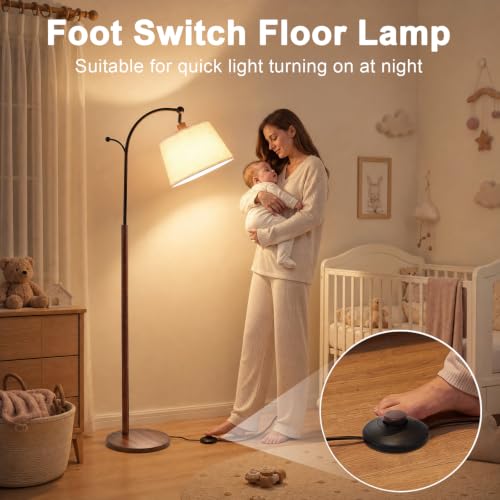 Wood Grain Arched Floor Lamp with Linen Shade - Dimmable 3-Color Temperatures, Foot Switch & Coat Hook - Bingyouth