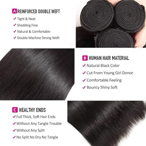 16-20 Inch Human Hair Bundles - Brazilian Straight Virgin Hair 3 Pack - Black