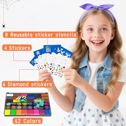 Professional Face Painting Kit, Water-Based Non-Toxic Makeup Set with Stencils, Gems, Brushes for Halloween, Carnival, Parties, School Events, Festivals (42 Colors)