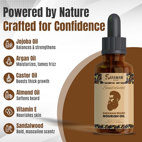 Saramani Beard Grooming Kit for Men ? 30ml Sandalwood Beard Oil + Wooden Beard Comb with Vegan Leather Case ? Natural Beard Care for Growth, Softening & Conditioning