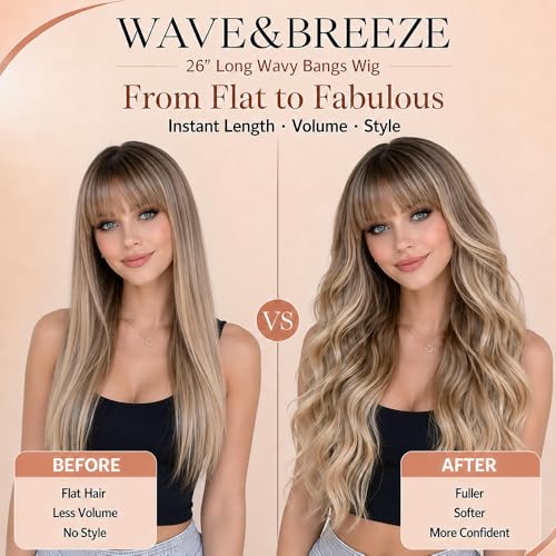 Long Blonde Wavy Wig with Bangs - 26 Inch Ombre Highlights for Women