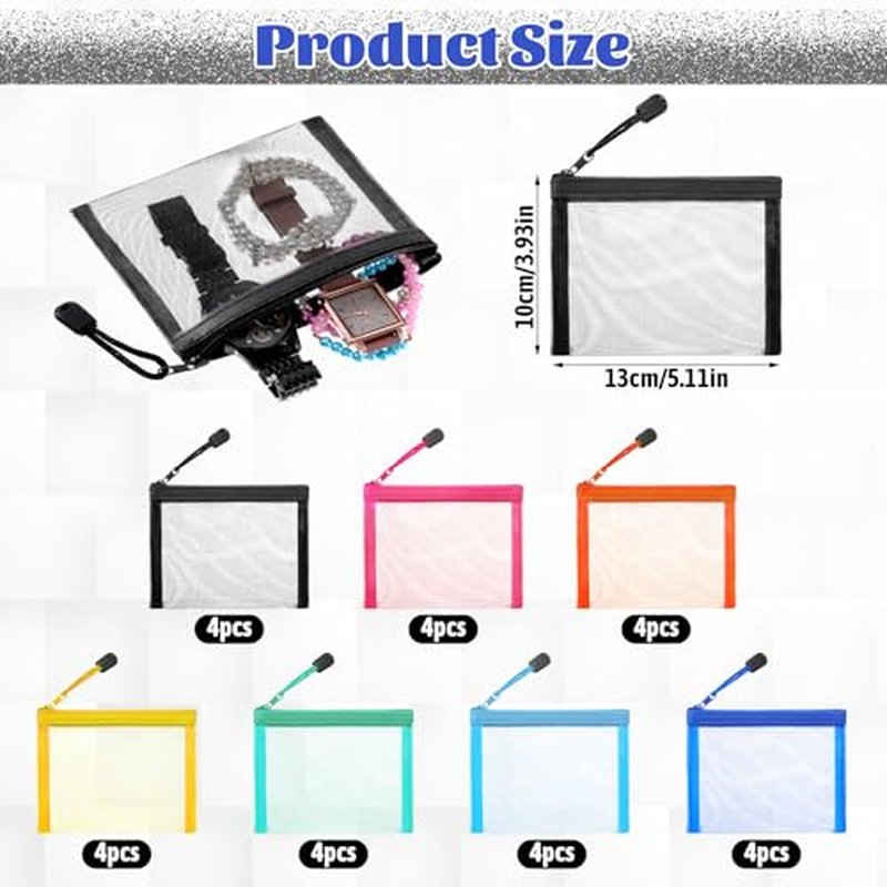 28 Pieces Mini Mesh Coin Pouch, 5 x 4 in Small Nylon Zipper Cosmetic Bags, Small Travel Mesh Lipstick Makeup Organizer Bags with Zipper for Women Purse Toiletries Cosmetics Supplies